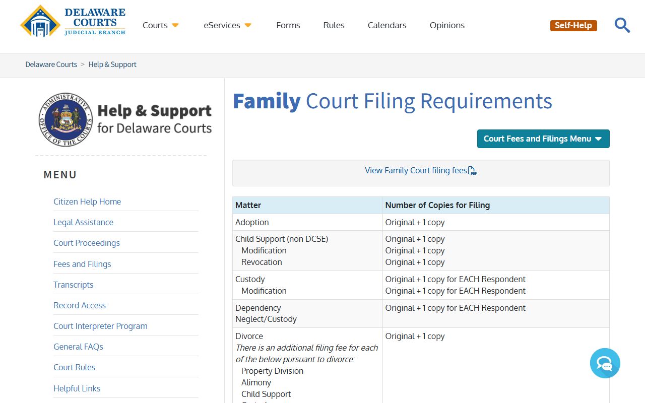 Delaware Family Court Dissolution Of Marriage fee schedule